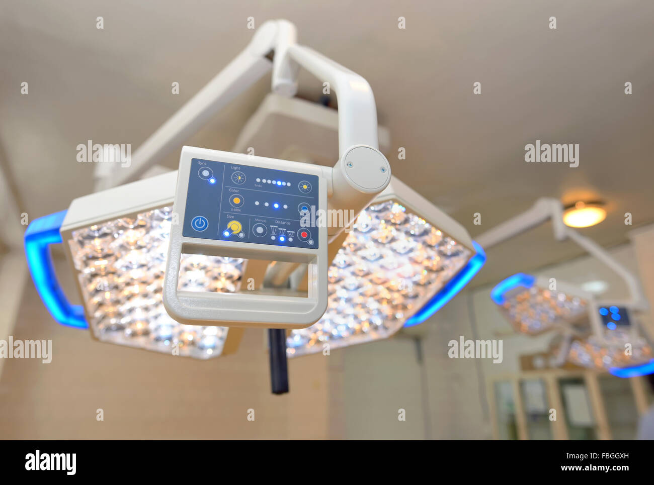 Display of surgical lamps in operation room Stock Photo