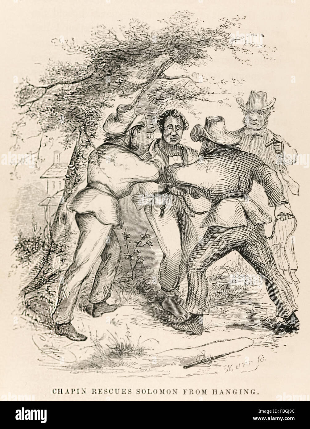 'Chapin rescues Solomon from hanging.' from 'Twelve Years a Slave or Solomon Northup, a citizen of New York' published in 1853. The book recounts the author's experience as a free-born African American from New York being kidnapped and sold as a slave and forced to work 12 years on a cotton plantation in Louisiana. He managed to get word to family through a Canadian staying on the plantation and regained his freedom. He went on to became active in the abolitionist movement. See description for more information. Stock Photo