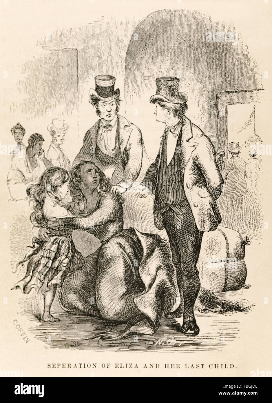 'Seperation of Eliza and her last child' from 'Twelve Years a Slave or Solomon Northup, a citizen of New York' published in 1853. The book recounts the author's experience as a free-born African American from New York being kidnapped and sold as a slave and forced to work 12 years on a cotton plantation in Louisiana. He managed to get word to family through a Canadian staying on the plantation and regained his freedom. He went on to became active in the abolitionist movement. See description for more information. Stock Photo