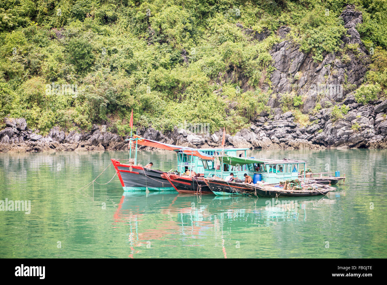 Fishing boats rafted up, Halong Bay, Vietnam Stock Photo