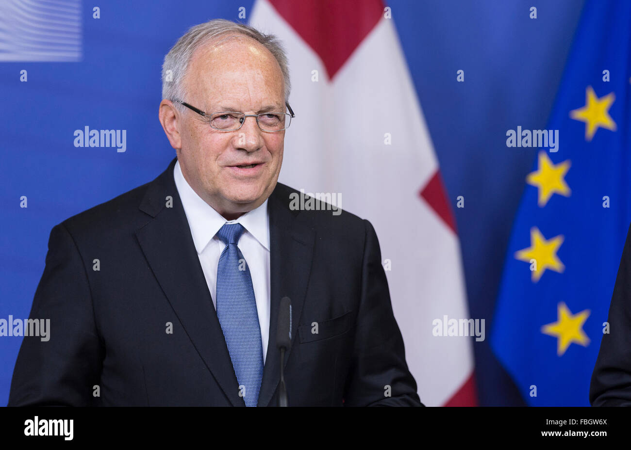 Brussels, Belgium, January 15, 2016. -- President of the Swiss Confederation Johann Schneider-Ammann and European Commission President (Not pictured) speak at a joint news conference before their meeting at the European Commission headquarter. Foto: Thierry Monasse - NO WIRE SERVICE - Stock Photo