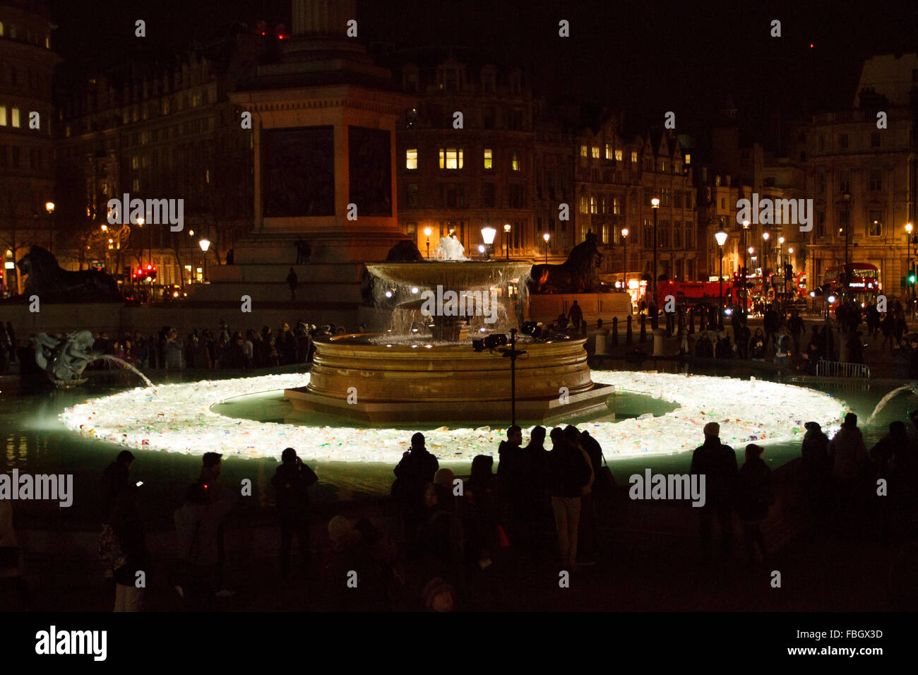 London, UK. 15th Jan, 2016. Plastic Islands by Luzinterruptus at Trafalger Square during Lumiere London exibition.  The event runs from Jan 14 -17th, 6:30pm-10:30pm. Stock Photo