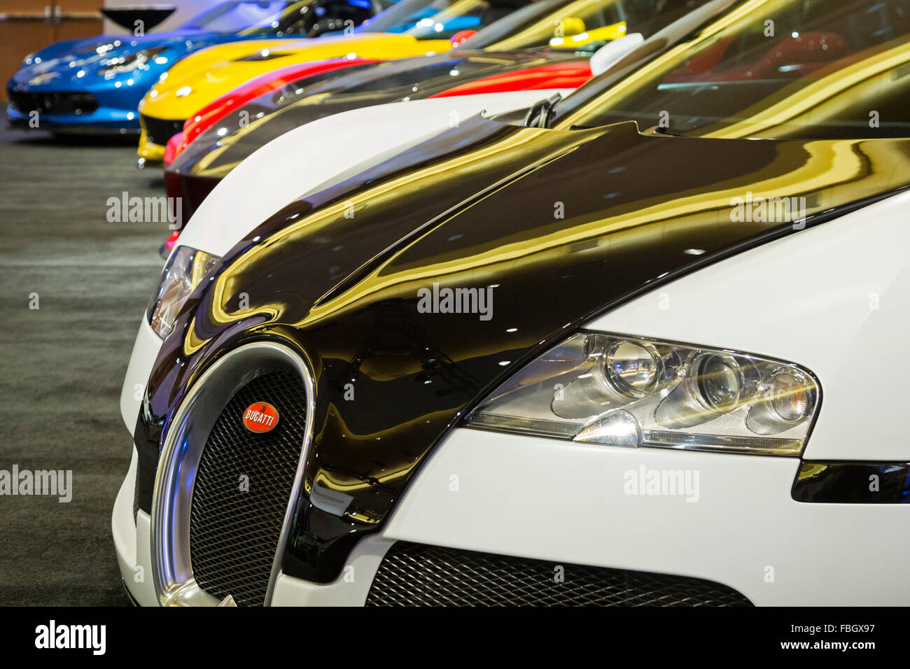 Detroit, Michigan - A 2006 Bugatti Veyron among a collection of ultra-luxury cars on display during the Detroit auto show. Stock Photo