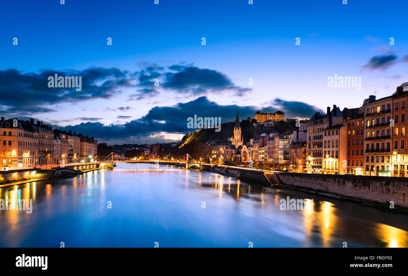 View of Saone river in Lyon city at evening, France Stock Photo