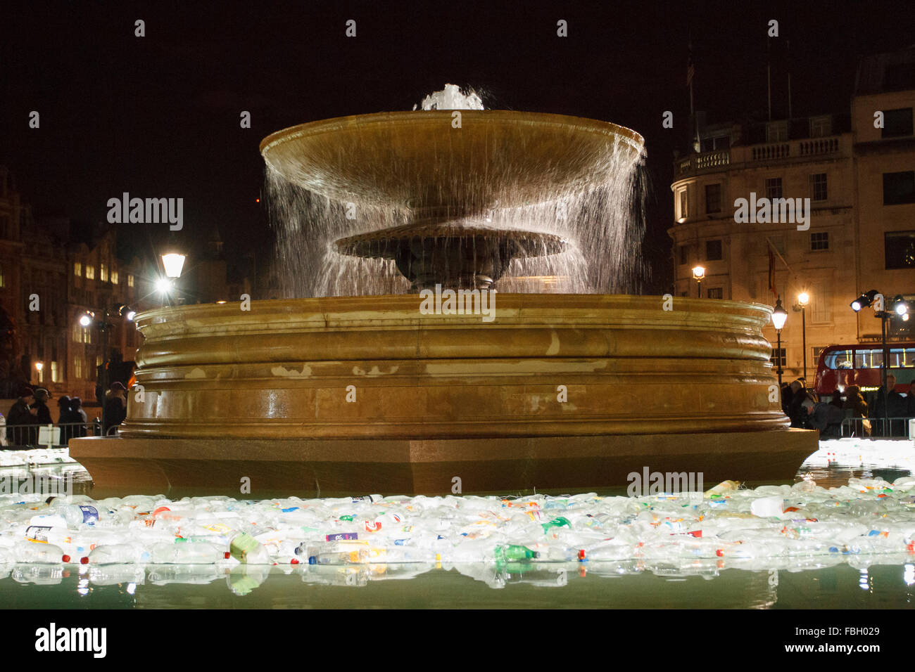 London, UK - 15th Jan, 2016 : Plastic Islands by Luzinterruptus at Trafalger Square during Lumiere London exibition.  The event runs from Jan 14 -17th, 6:30pm-10:30pm. Stock Photo