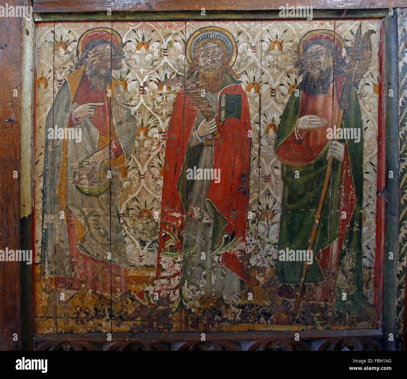 Painted Apostles on the Rood Screen, Saints Phillip, Bartholomew and one other, Much defaced; St Michael's Church, Irstead, Norf Stock Photo