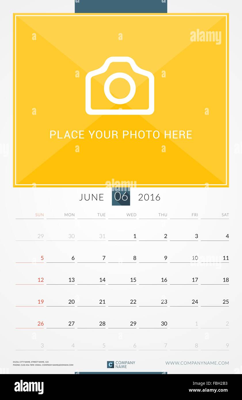 June 2016. Wall Monthly Calendar for 2016 Year. Vector Design Print Template with Place for Photo. Week Starts Sunday. Portrait  Stock Vector
