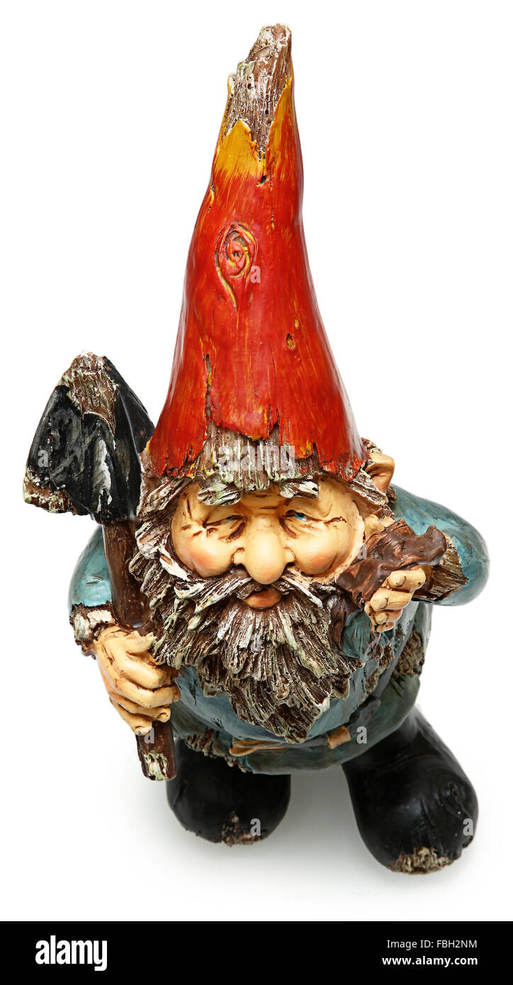 Adorable wooden garden gnome with shovel. Standing. Isolated over white