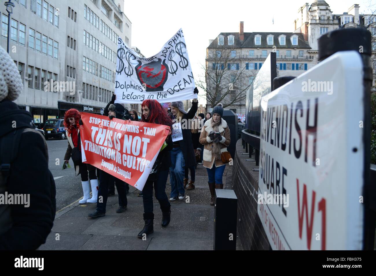London, UK. 16th Jan, 2016. Protesters make their way to the Japanese Embassy via Cavendish Square, W1. Credit:  Marc Ward/ Alamy Live News Stock Photo