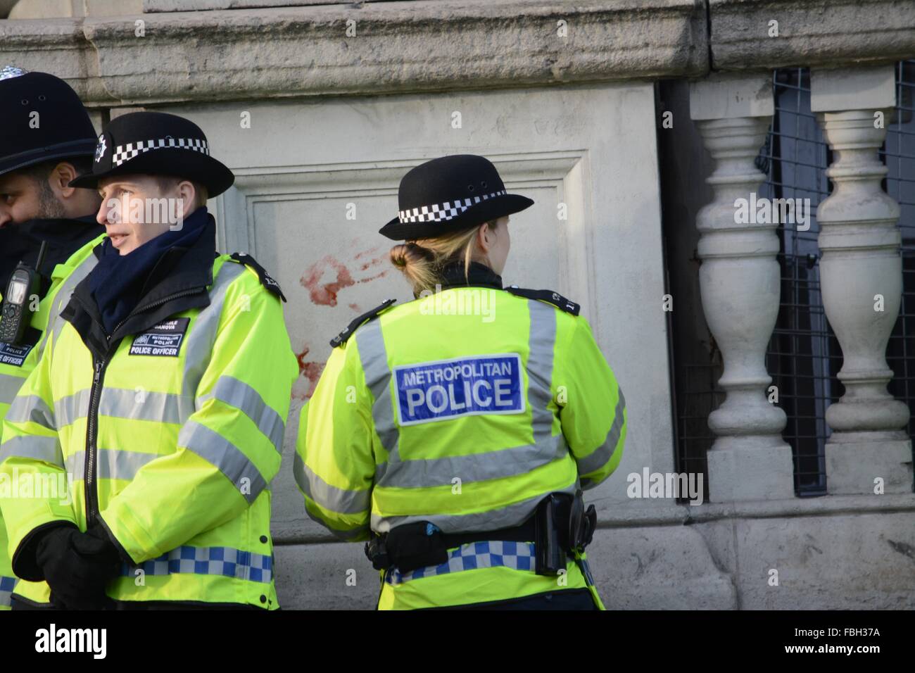 London, UK. 16th Jan, 2016. Protesters put a blood hand print (red paint) on the walls of the Japanese Embassy. The paint was removed promtly. Credit:  Marc Ward/ Alamy Live News Stock Photo
