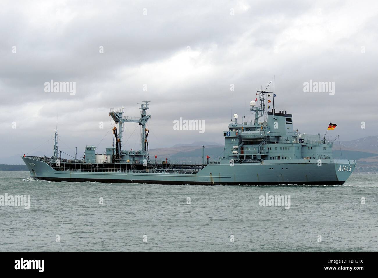FGS Rhon (A1443), a Type 704A Rhön class tanker of the German Navy, during Exercise Joint Warrior 13-1. Stock Photo