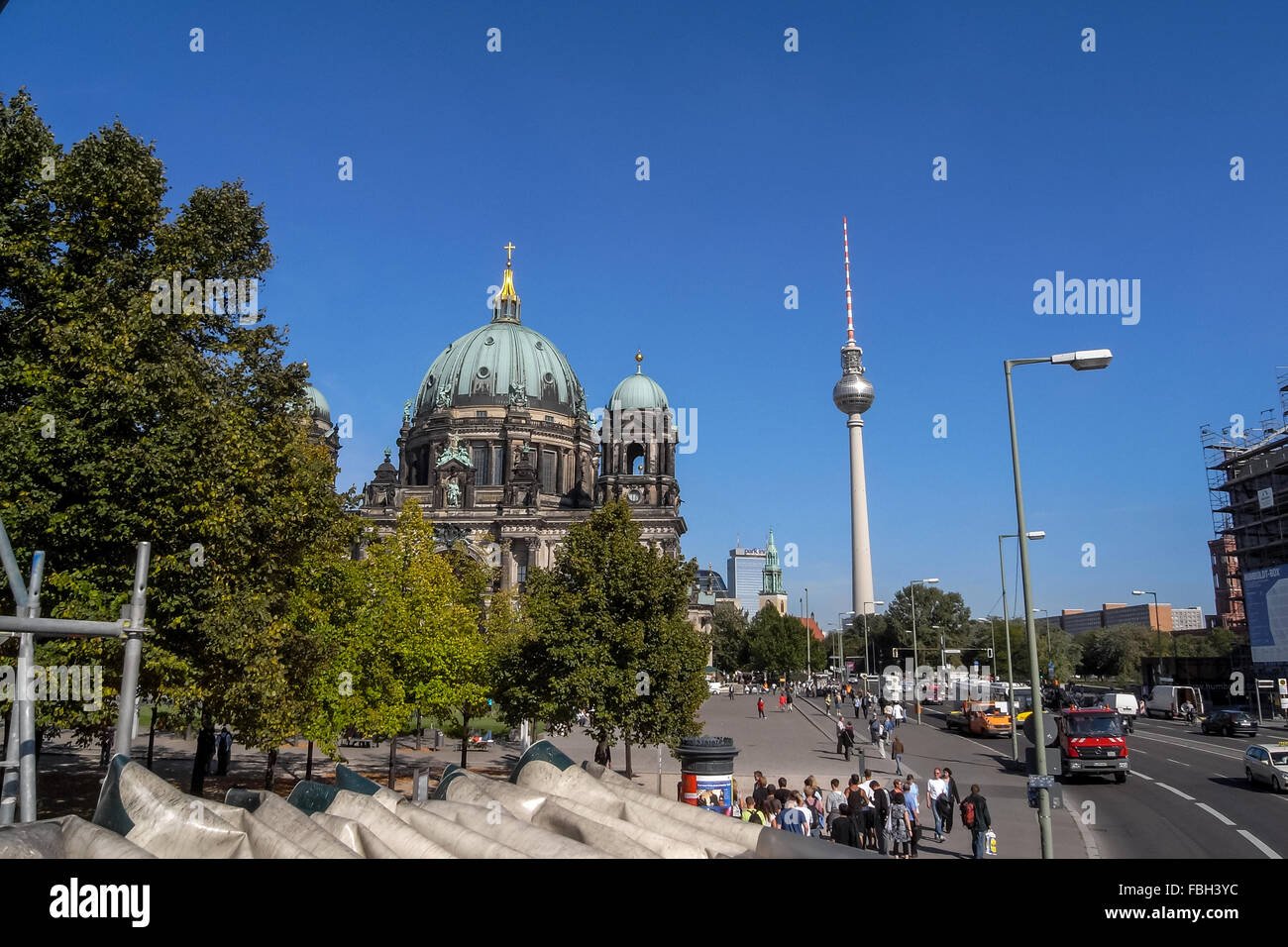 The Evangelical Supreme Parish and Collegiate Church, or Berliner Dom, and the television tower in Berlin's Mitte district. Stock Photo