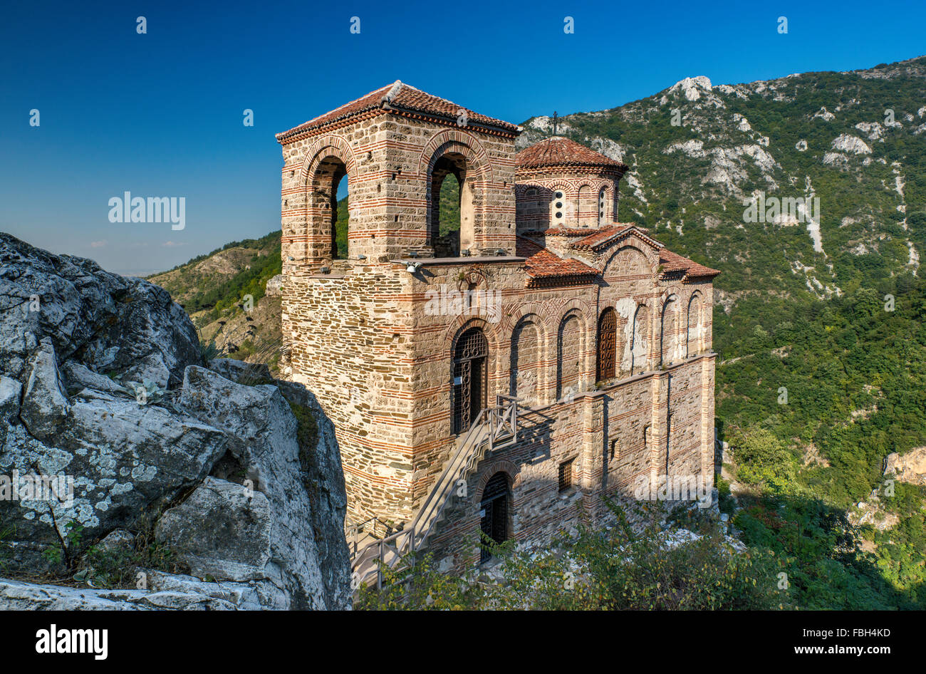 Church of the Holy Mother of God, Byzantine style, at Asen's Fortress, Rhodope Mountains, near Asenovgrad, Bulgaria Stock Photo