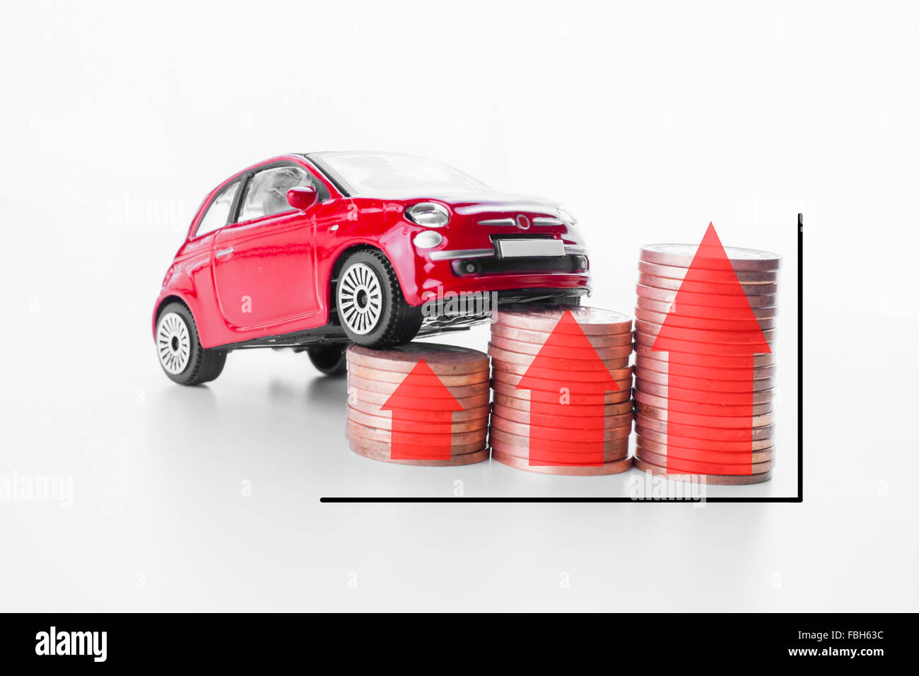 A car on coins with graph indicating success or increase