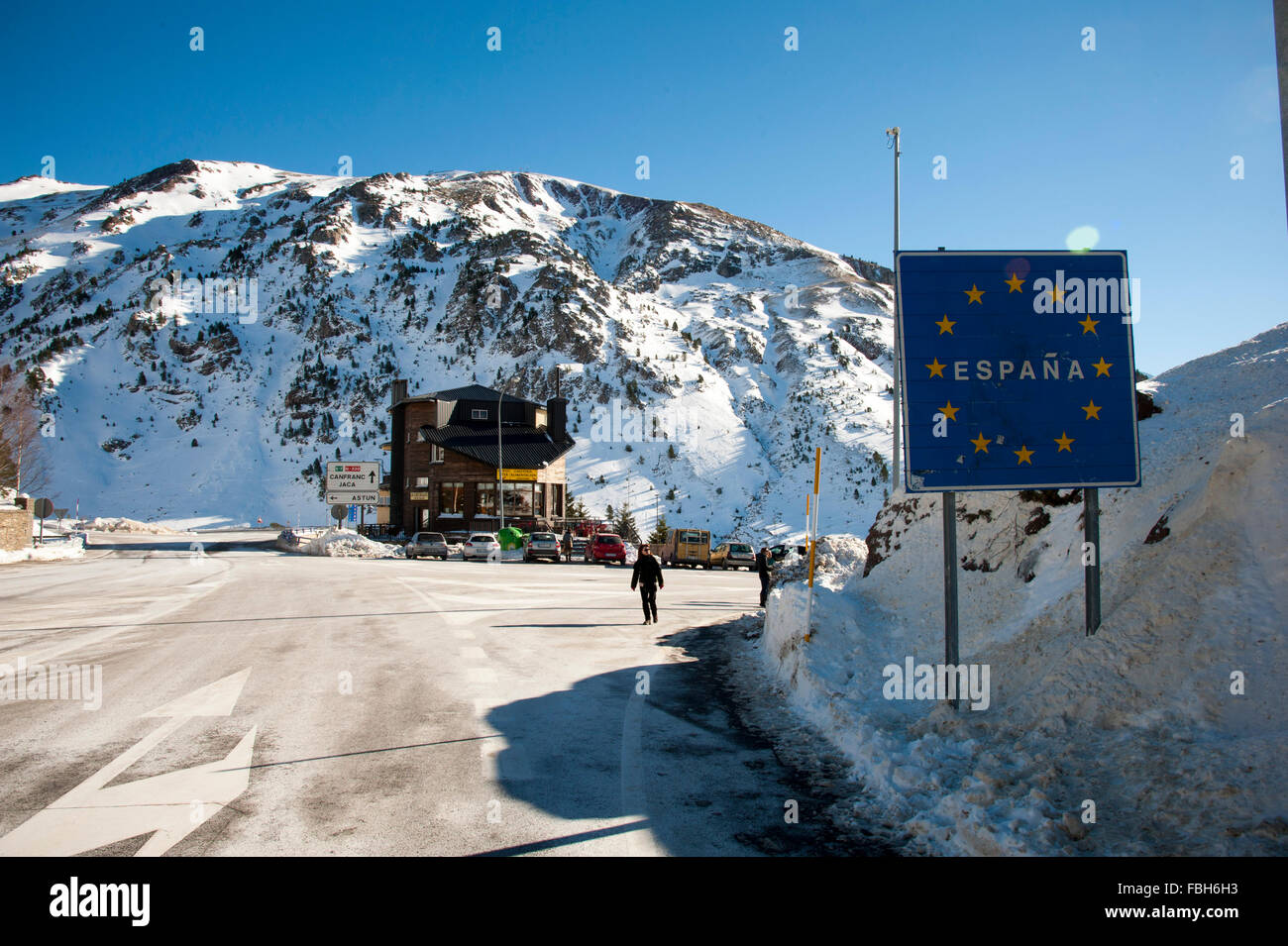 Border crossing the national road N330a between France and Spain in the Pyrenees in Candanchu Stock Photo