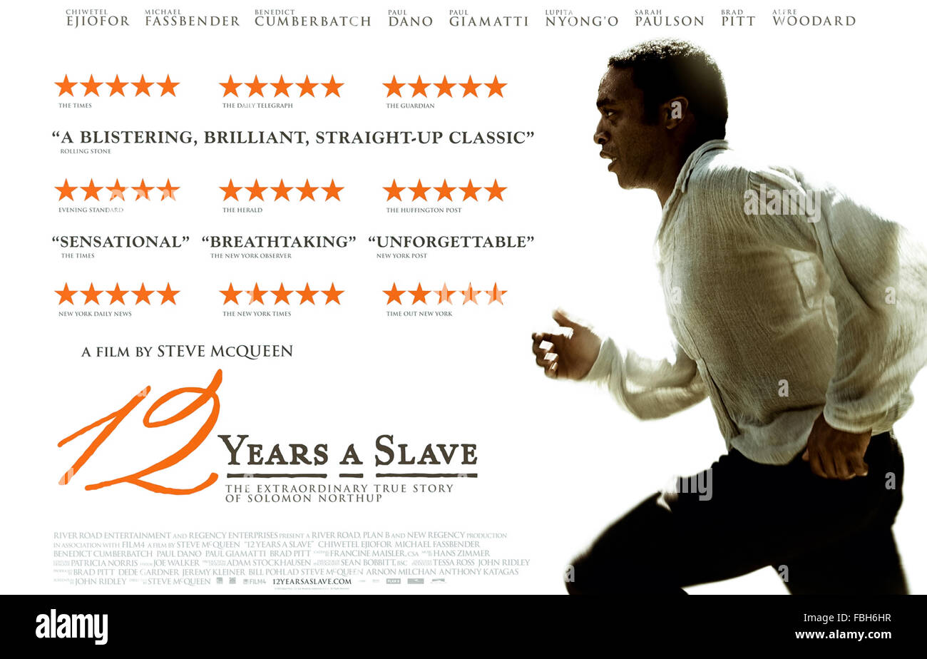 12 Years a Slave (2013) directed by Steve McQueen and starring Chiwetel Ejiofor, Michael Kenneth Williams and Michael Fassbender. Film adaptation of Solomon Northup's biographical novel published in 1853 about a free black family man who is kidnapped and sold into slavery. Stock Photo