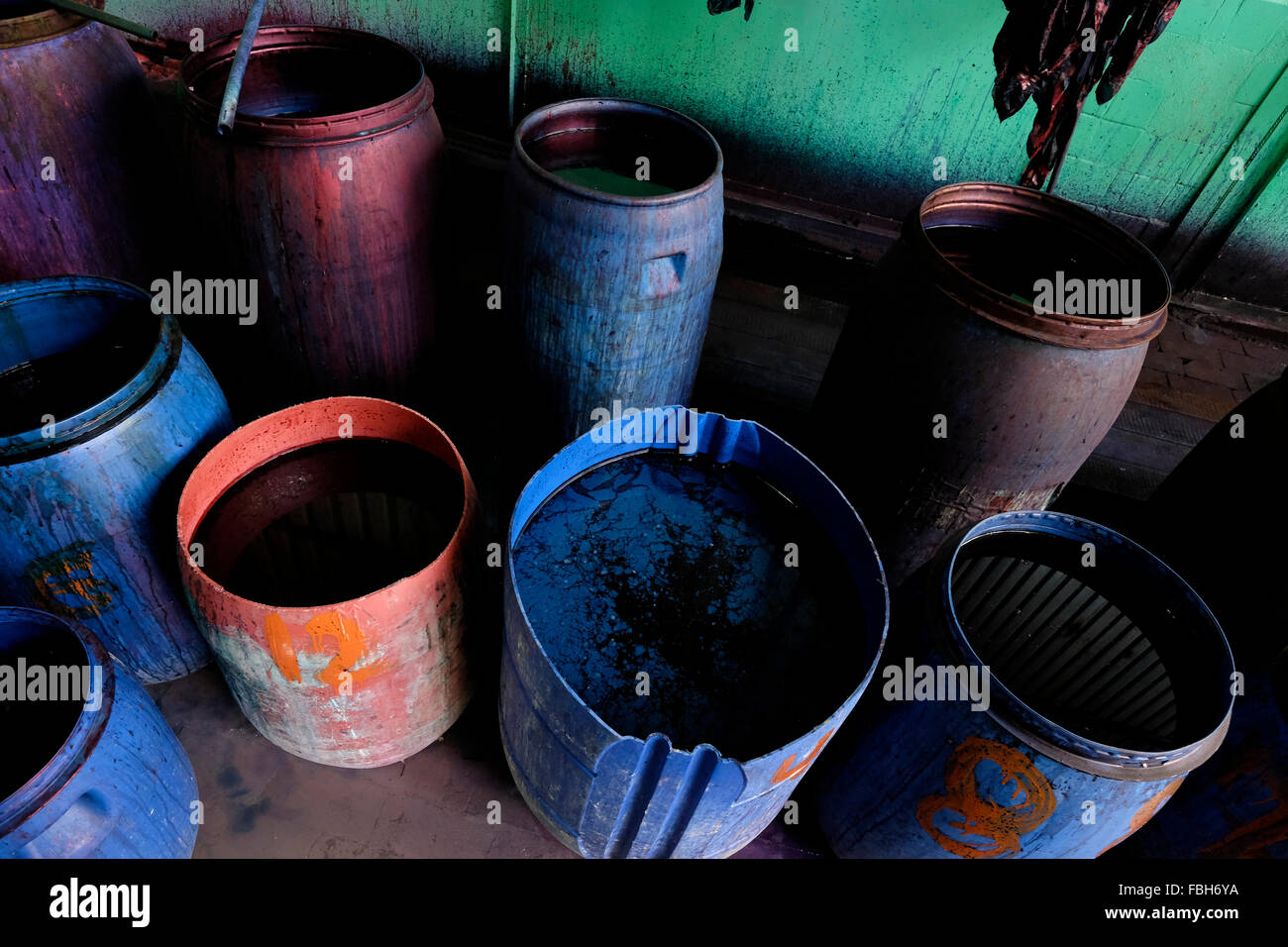 Buckets of colour dyes at the Silk factory that was once the Soviet
