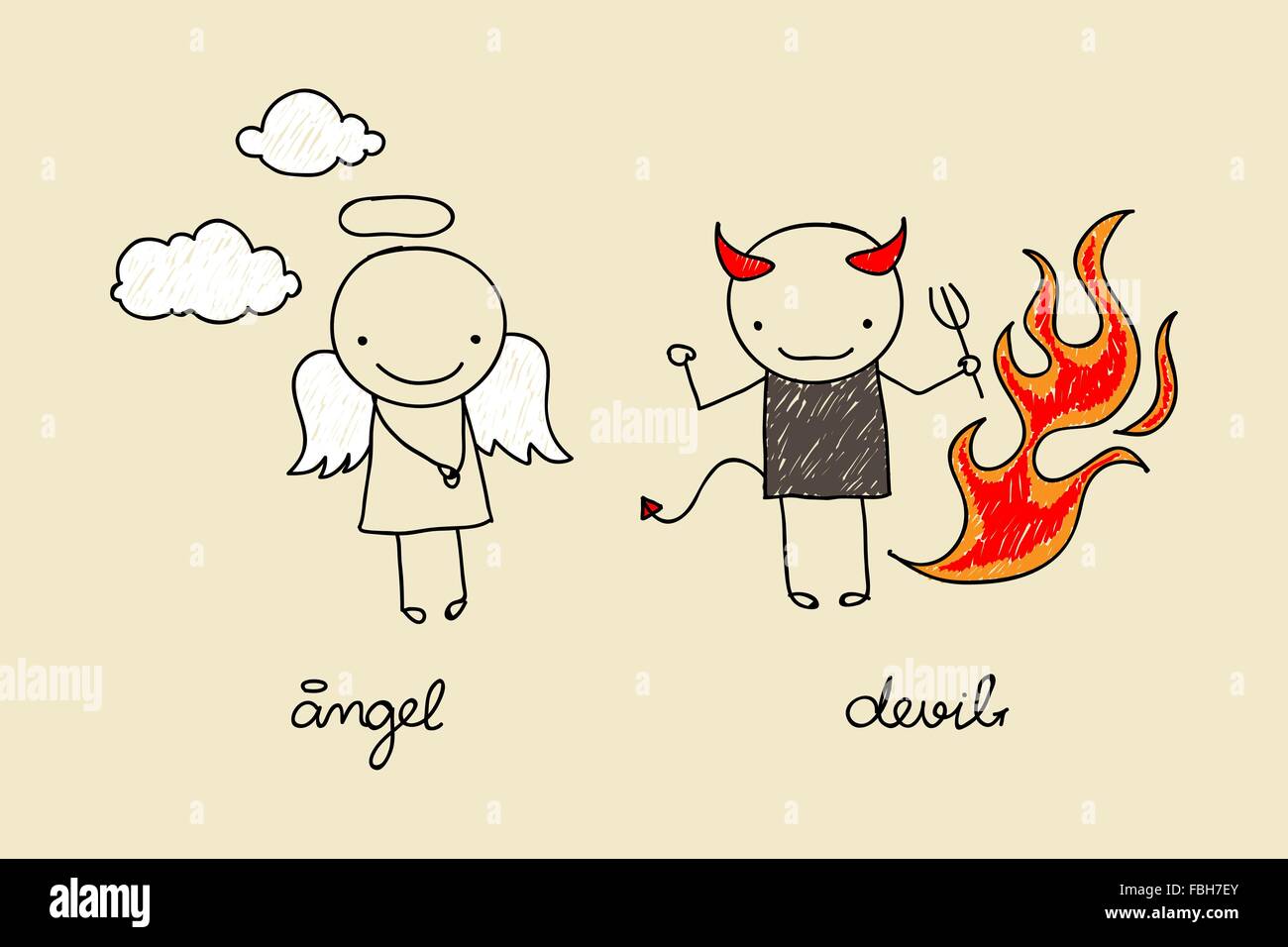 Childish drawing of cute devil and angel with flames and clouds Stock Vector