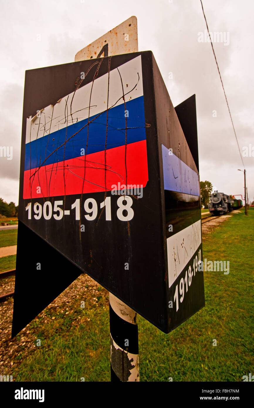 Signal box symbol on the track of the railway station Haapsalu, Estonia Stock Photo