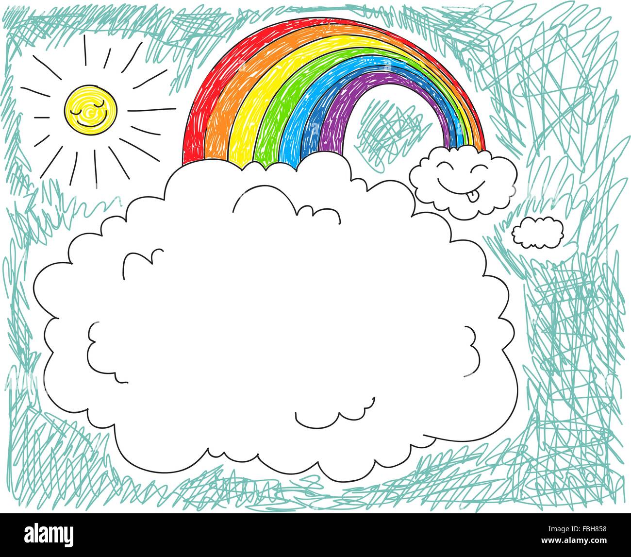 Cute childish background with clouds and rainbow, with space for your text Stock Vector