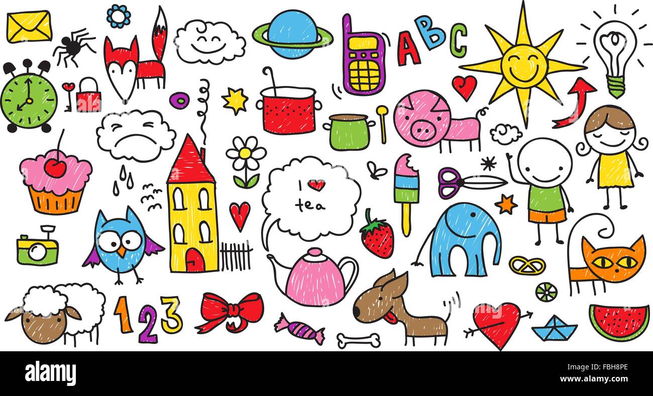 Collection of cute children's drawings of kids, animals, nature, objects Stock Vector