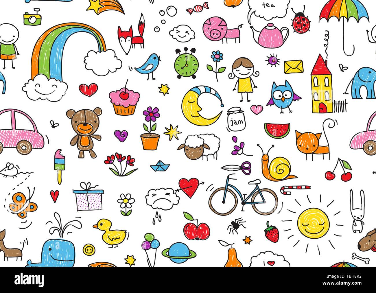 kid's drawing style seamless pattern of random kid's drawing style elements Stock Vector