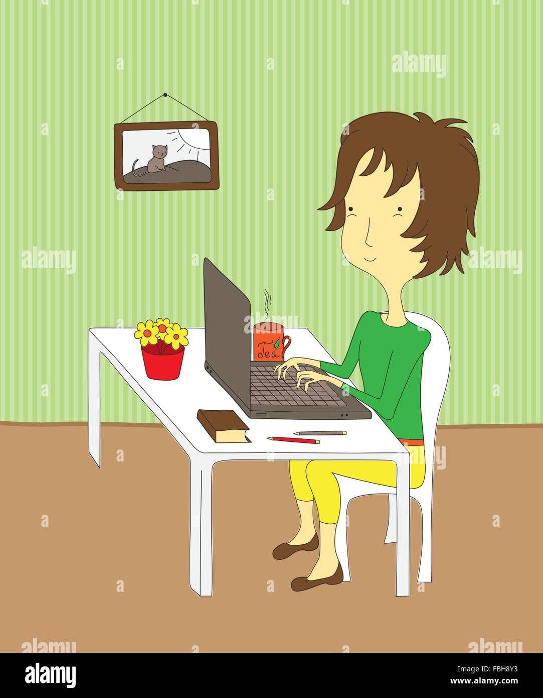 Cartoon Girl Sitting Desk Working Stock Photos Cartoon Girl