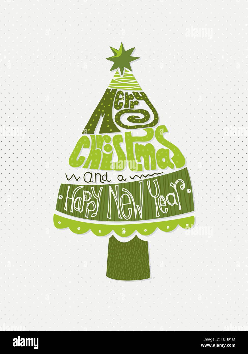 Merry Christmas and a Happy New Year hand lettering in a Christmas tree on polka dot pattern background Stock Vector