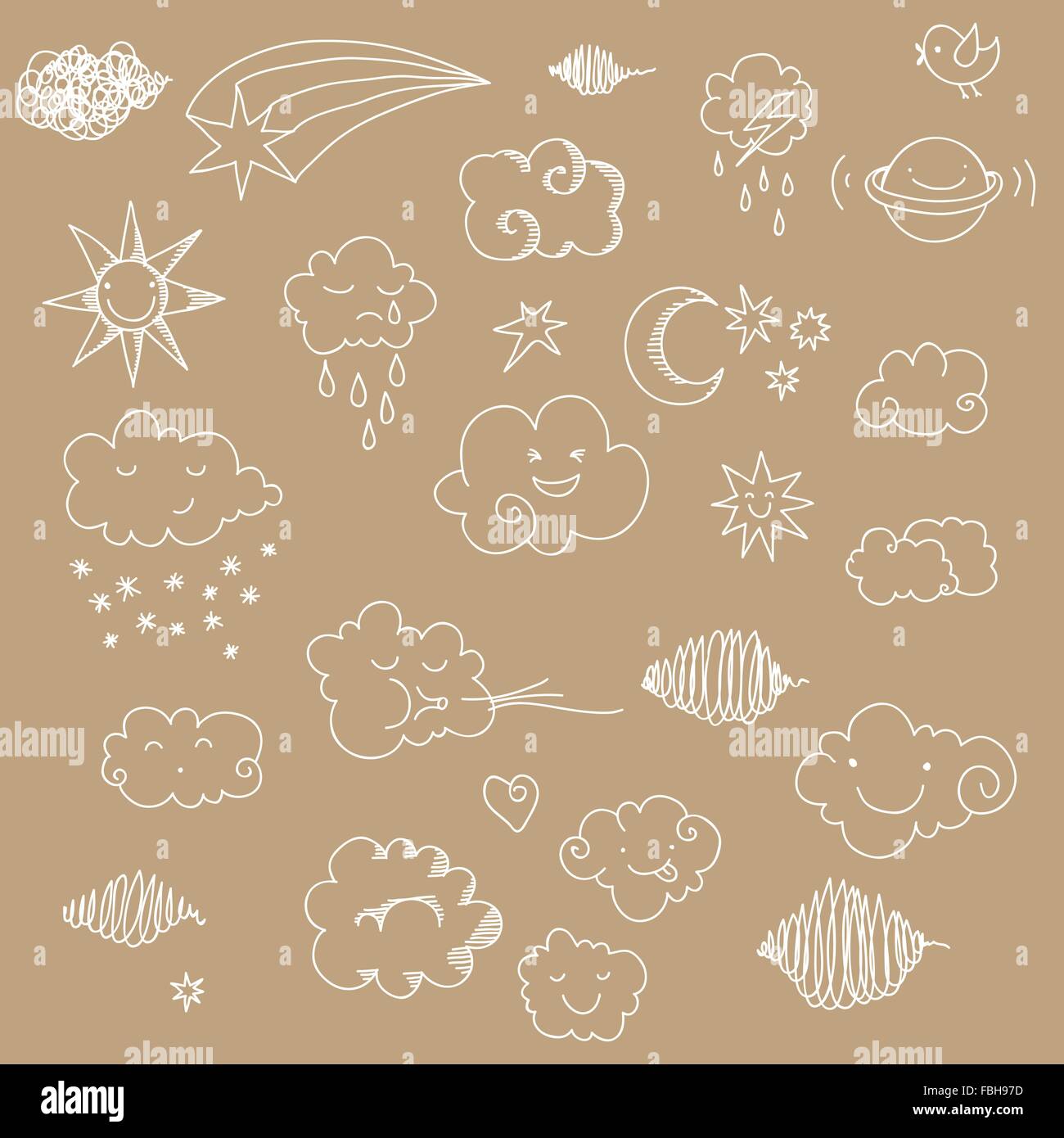 Cute sky doodle with clouds, sun, moon, stars, planet. Stock Vector