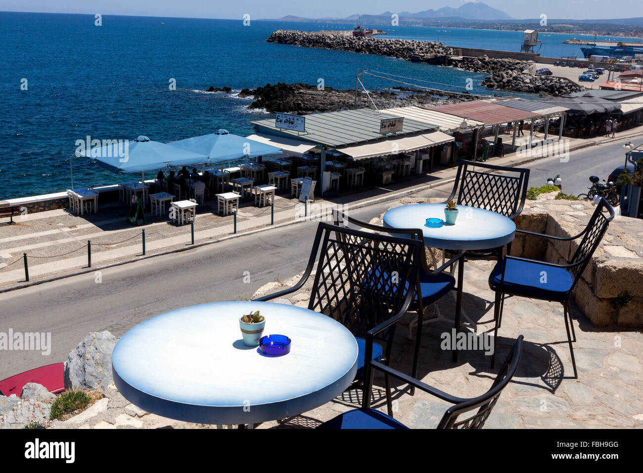 Tavern overlooking the sea, Rethymno, Crete, Greece Stock Photo