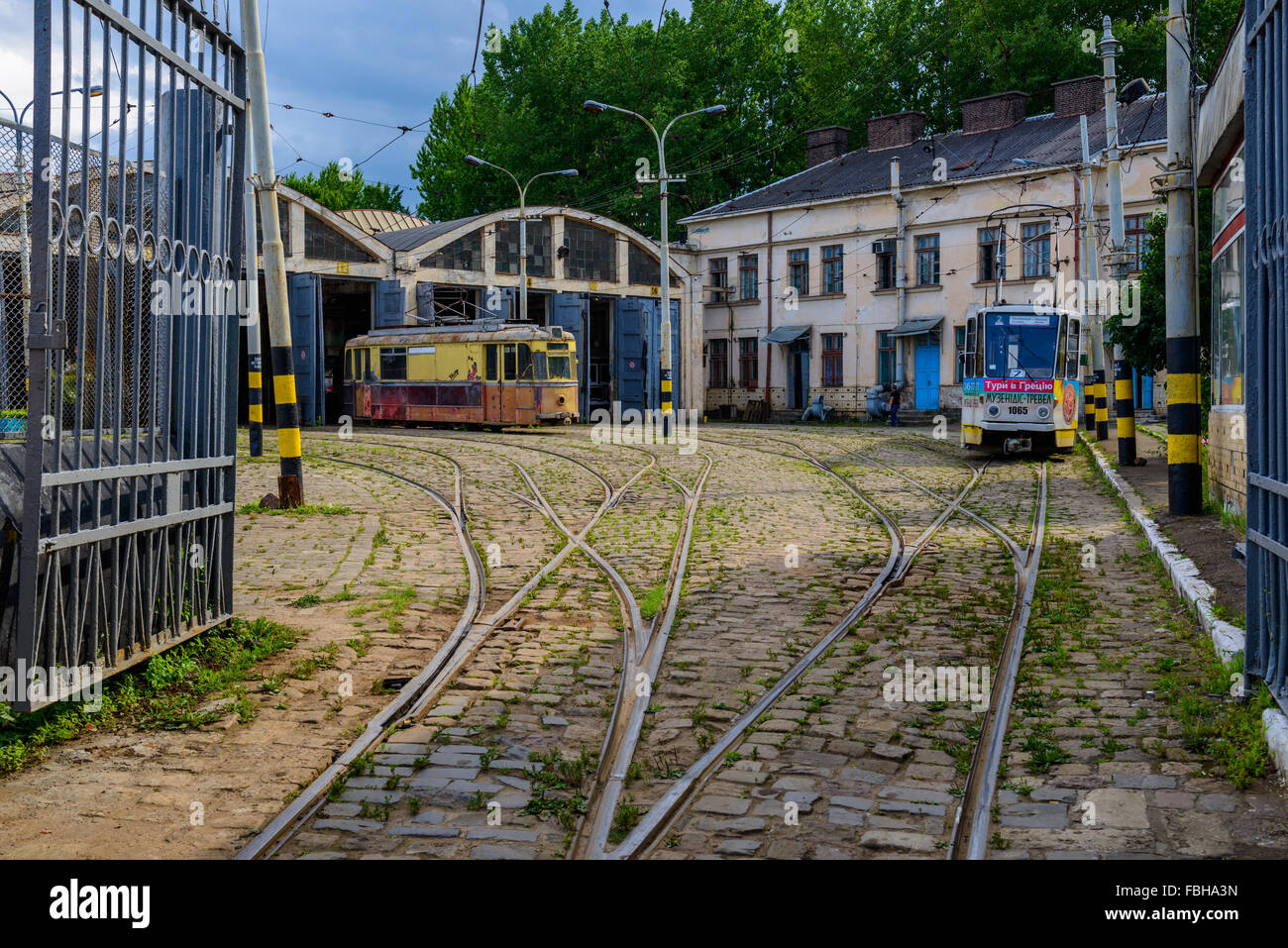 A tram depot in Lviv, Ukraine Stock Photo