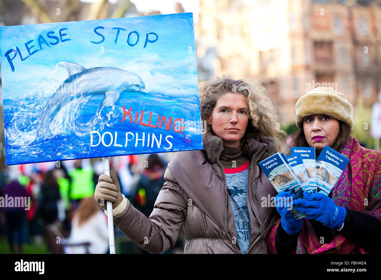 London, 16 January 2016. Animal rights activists with a banner and leaflet protesting in London against the slaughter of dolphins in Taiji Cove Credit:  Dinendra Haria/Alamy Live News Stock Photo
