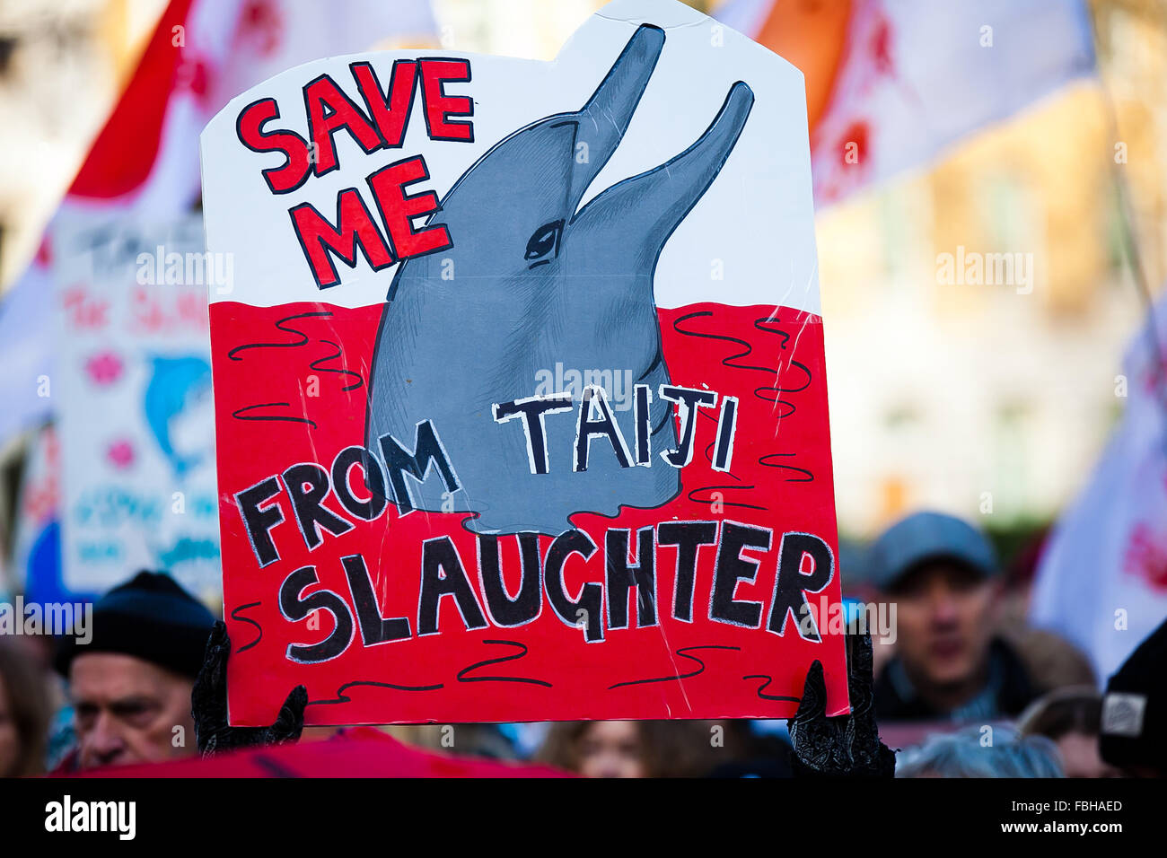 London, 16 January 2016. Animal rights activist with a banner protesting in London against the slaughter of dolphins in Taiji Cove Credit:  Dinendra Haria/Alamy Live News Stock Photo