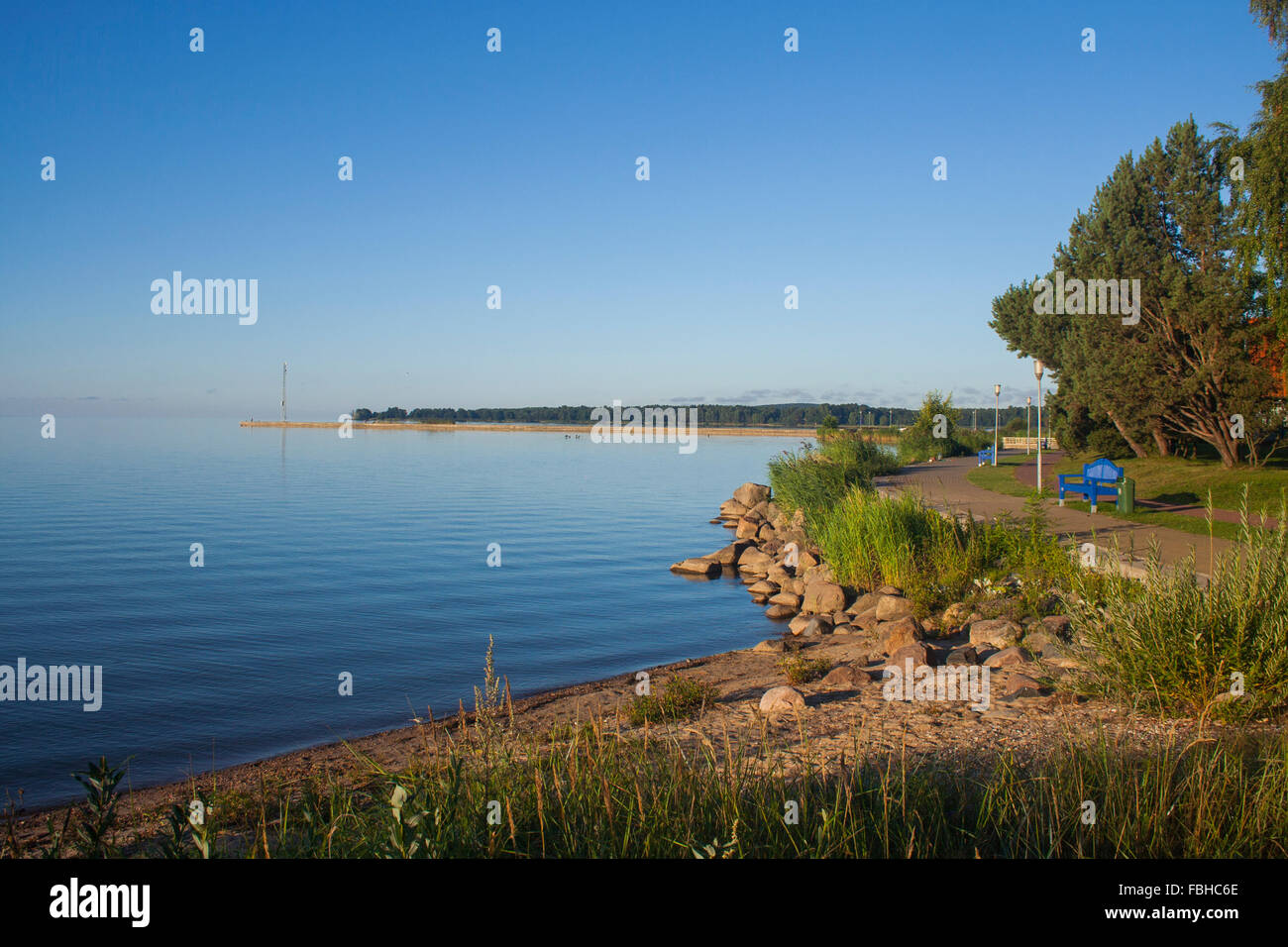 Curonian Lagoon at sunrise in Pervalka, Lithuania Stock Photo