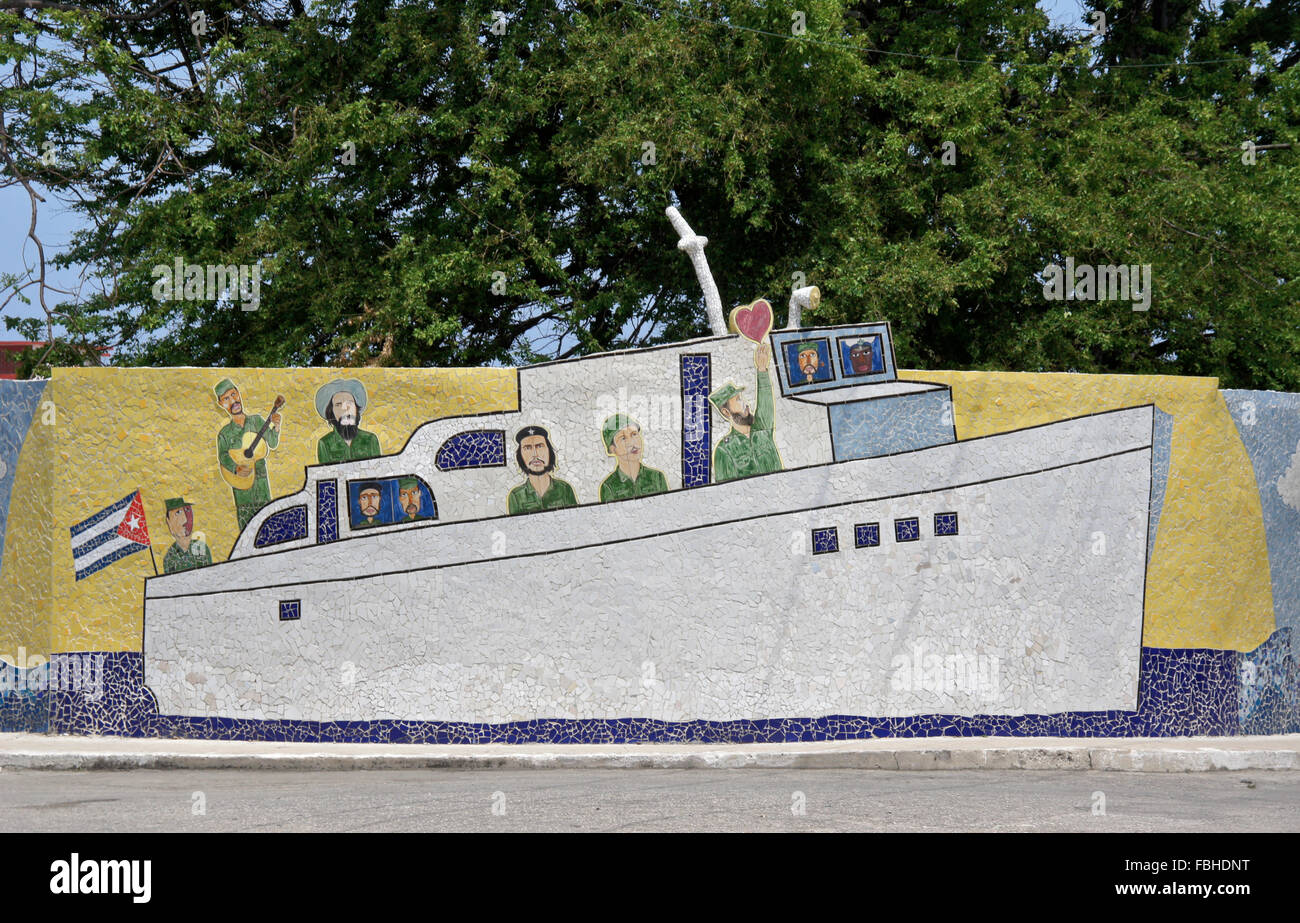 Mosaic mural of Granma boat and revolutionaries by Jose Fuster, Jaimanitas neighborhood, Havana, Cuba Stock Photo