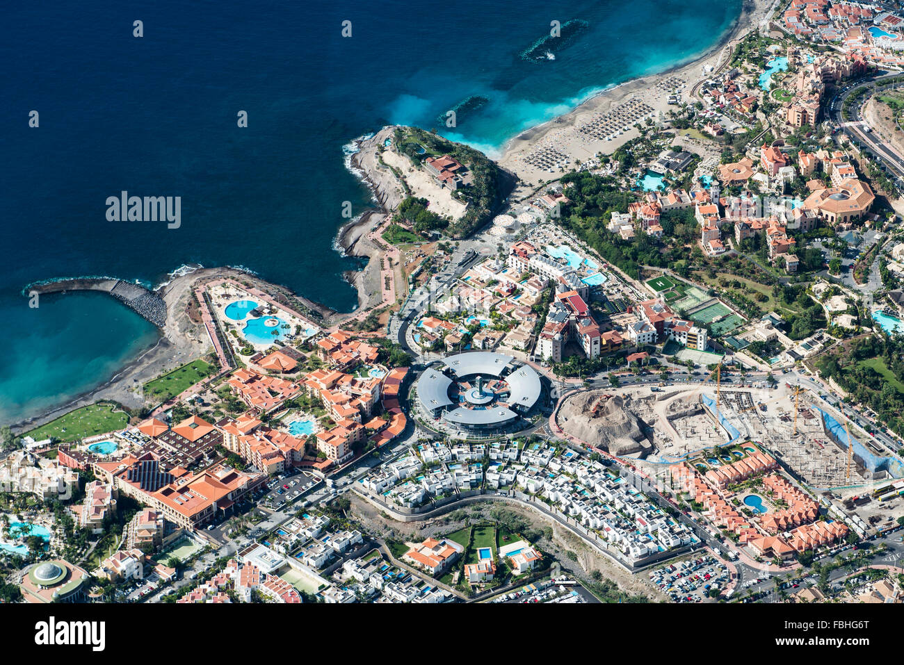 Tenerife, San Eugenio, Costa Adeje, Playa de Fanabe, Playa de Torviscas,  Torviscas, Las Toscas, Gran Tancande, aerial picture, beach, the Atlantic,  sea, promenade, hotels, block of apartments, province Santa Cruz de  Tenerife,