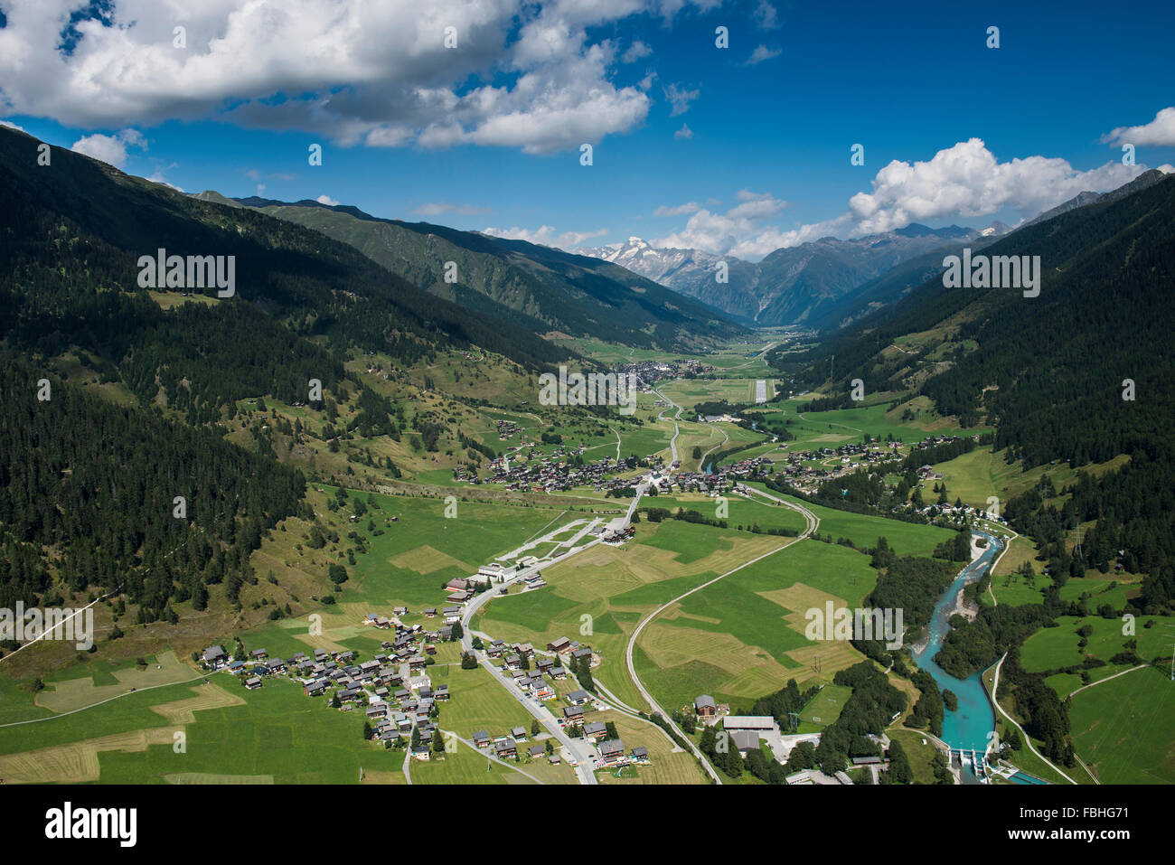 Valais, Goms, minster, Gluringen, Ulrichen, the Rhone, glider airfield, aerial picture, Switzerland Stock Photo