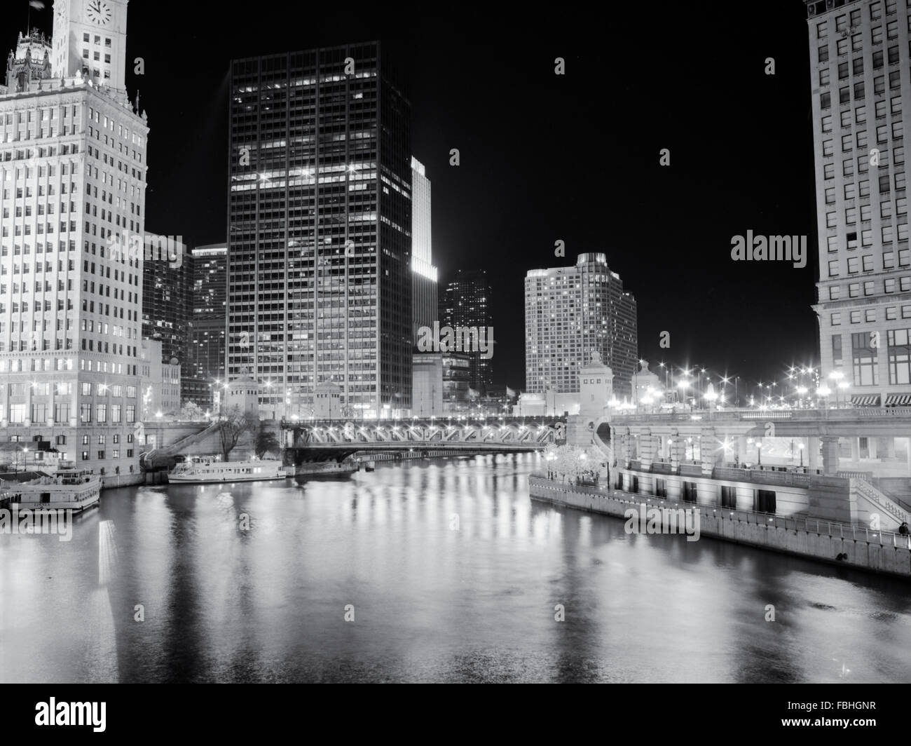 Michigan Avenue Bridge over the Chicago River as seen from Wabash at nigh Stock Photo