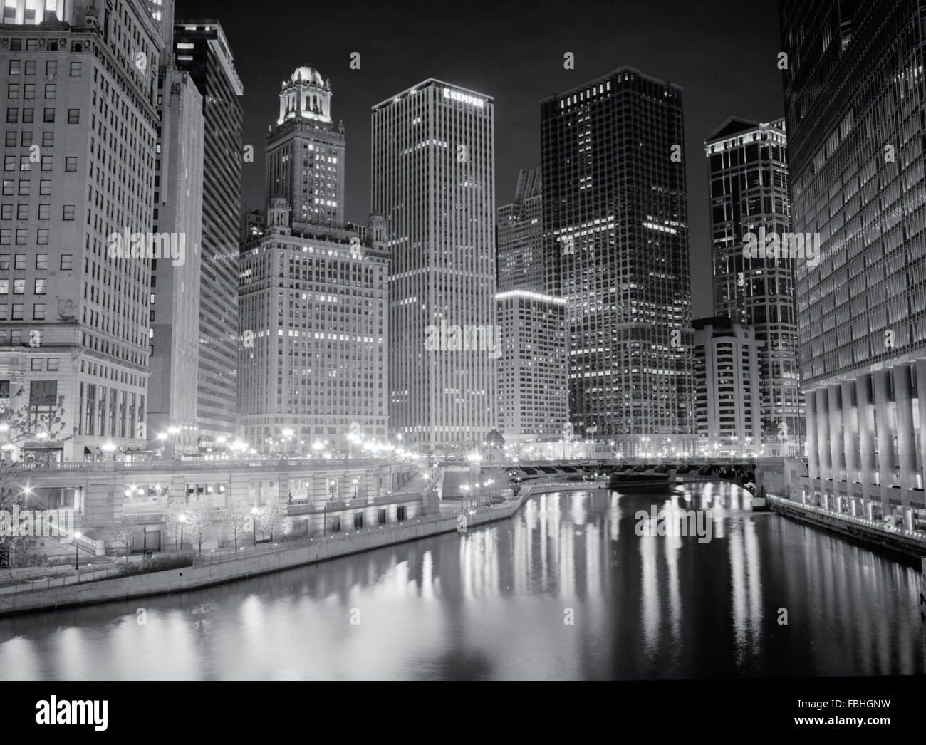 Wabash Avenue bridge over the Chicago River at night as seen from Michigan Avenue Stock Photo
