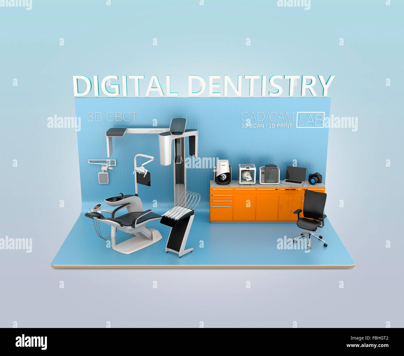 Digital dentistry concept. Scan patient facial data by dental CT, send to chair side or lab for 3D print. Stock Photo