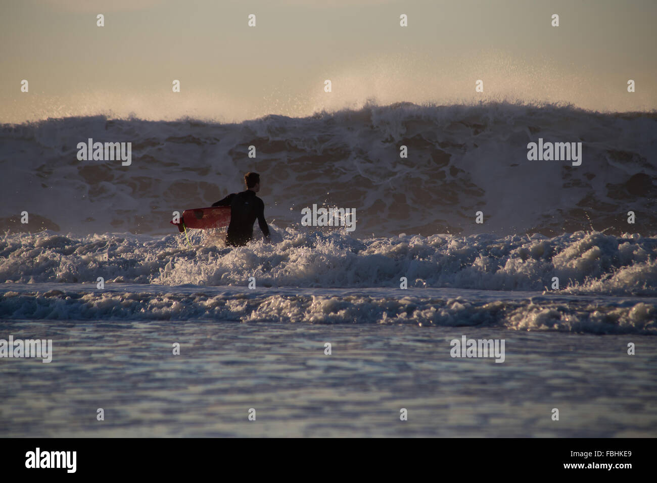 Surfer about to paddle out in high surf. Photographed in Rockaway Beach, Queens, New York, in October 2015. Stock Photo