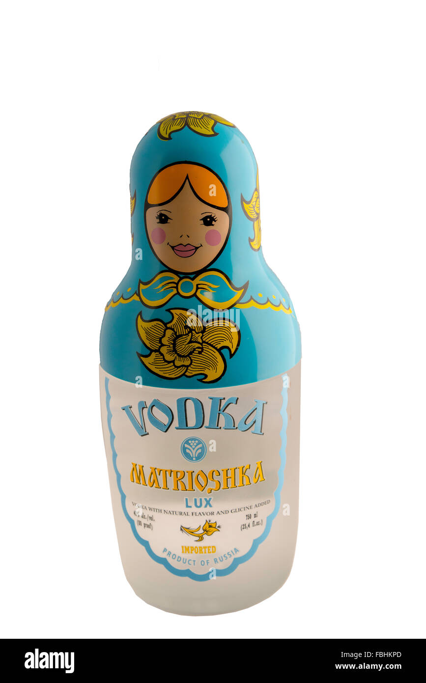 Russian Matrioshka Vodka in Matryoshka doll bottle, Saint Petersburg, Northwestern Region, Russia Stock Photo