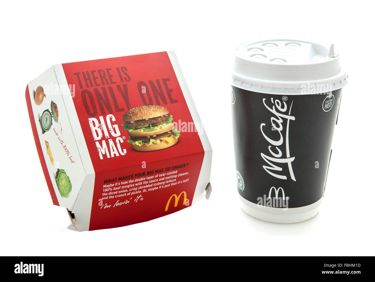 McDonalds Big Mac with McCafe Coffee on a white background Stock Photo