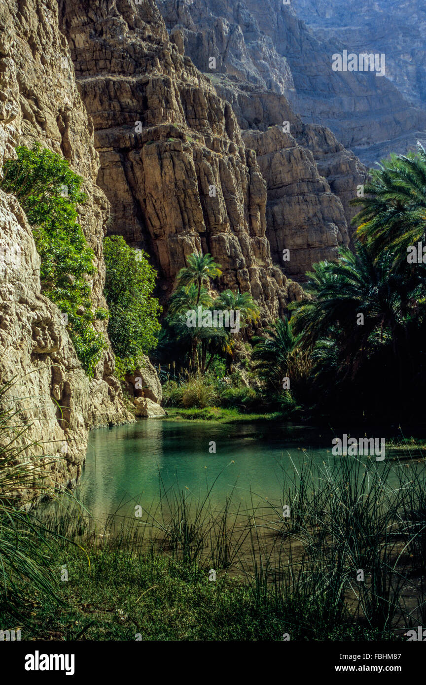 Wadi Shab, Oman.  Pool of Water at the Foot of Cliffs. Stock Photo