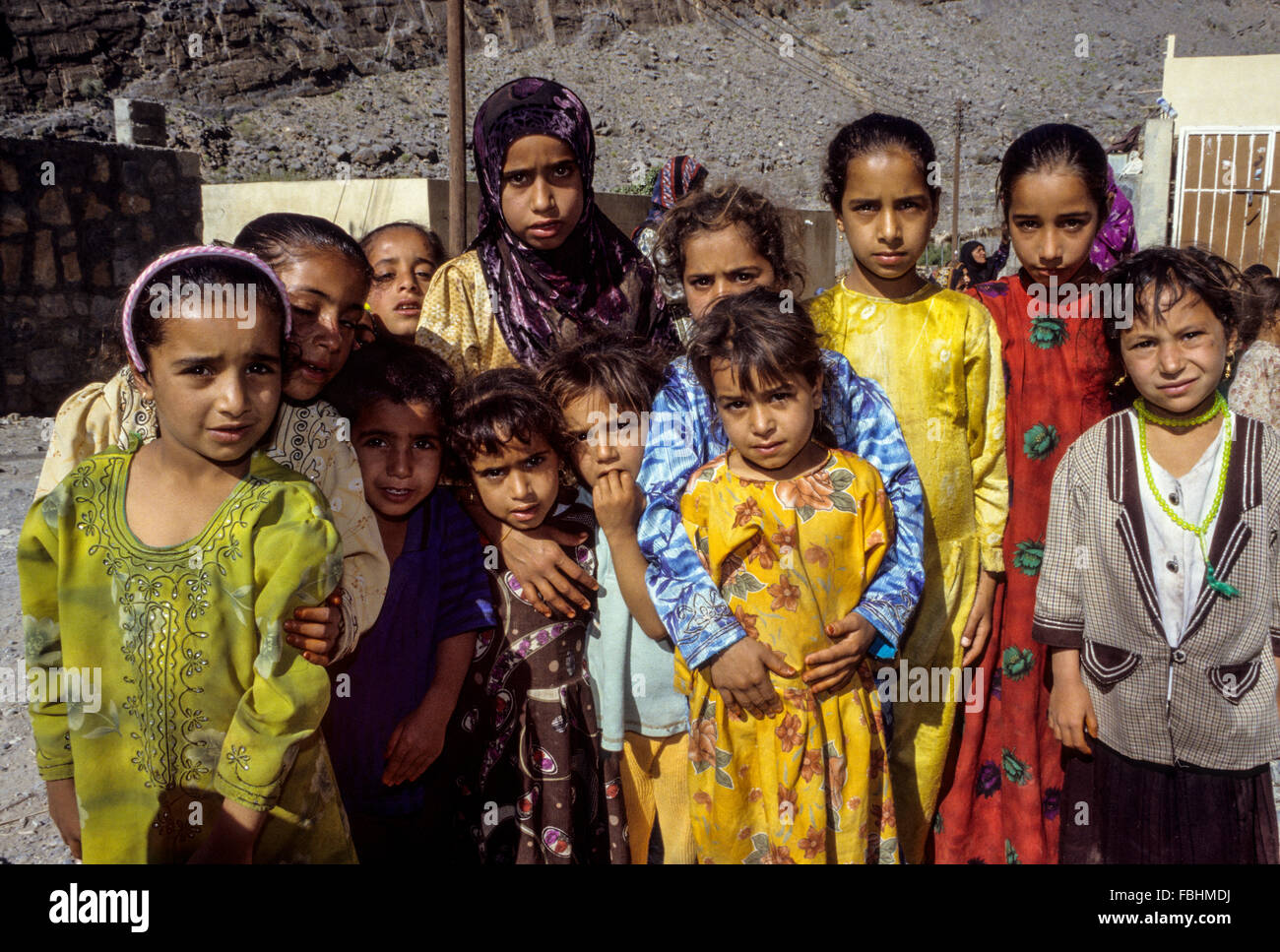 Wadi Ghul, Oman.  Young Girls of Nakhr Village. Stock Photo
