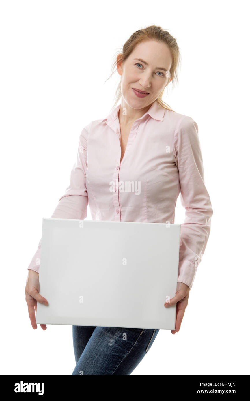 Woman holding up blank sign hi-res stock photography and images - Alamy