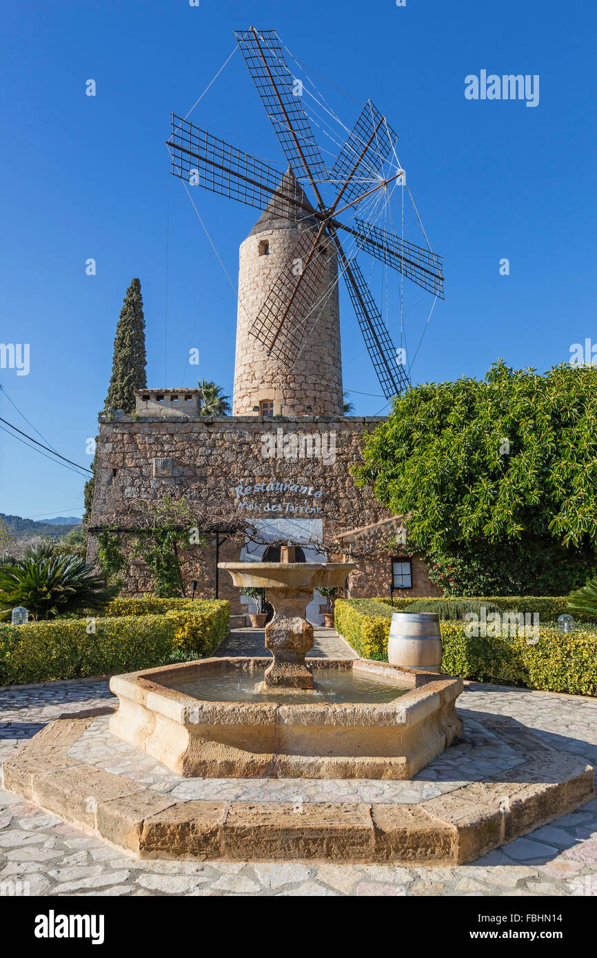 Windmill, restaurant Moli des Torrent in Santa Maria del Cami, island Majorca, Stock Photo