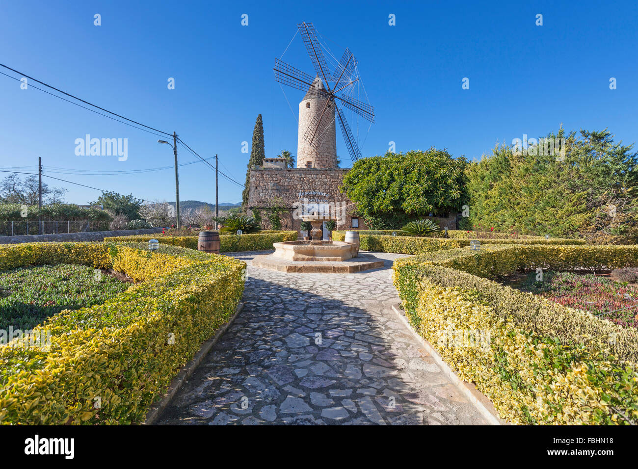 Windmill, restaurant Moli des Torrent in Santa Maria del Cami, island Majorca, Stock Photo