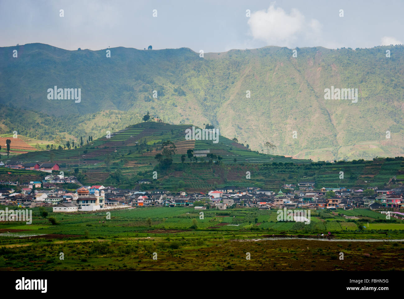 Landscape of highland villages on Dieng Plateau in Central Java province of Indonesia. Stock Photo