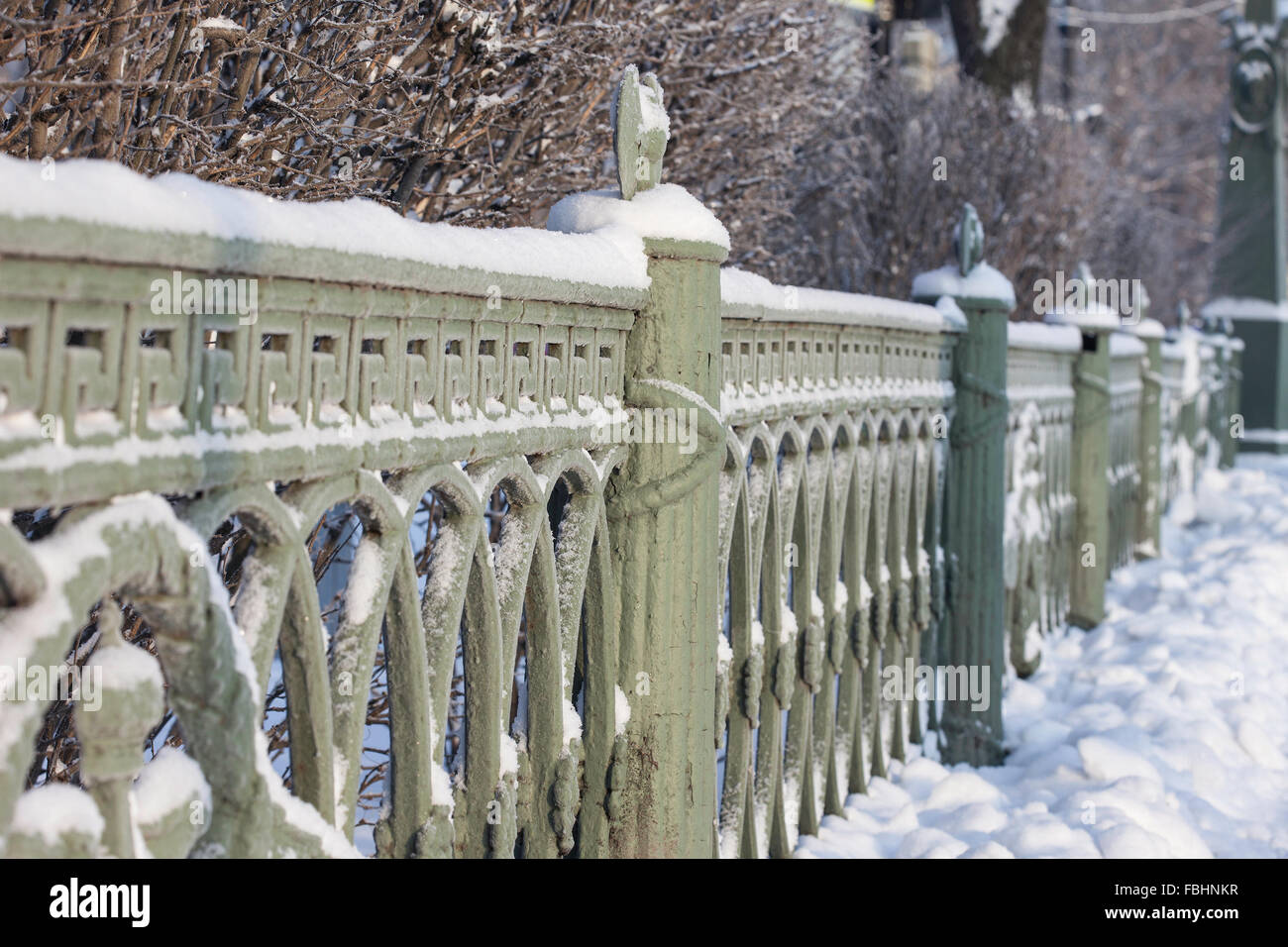 the cast iron railings of the bridge, Saint-Petersburg, Russia, winter ...